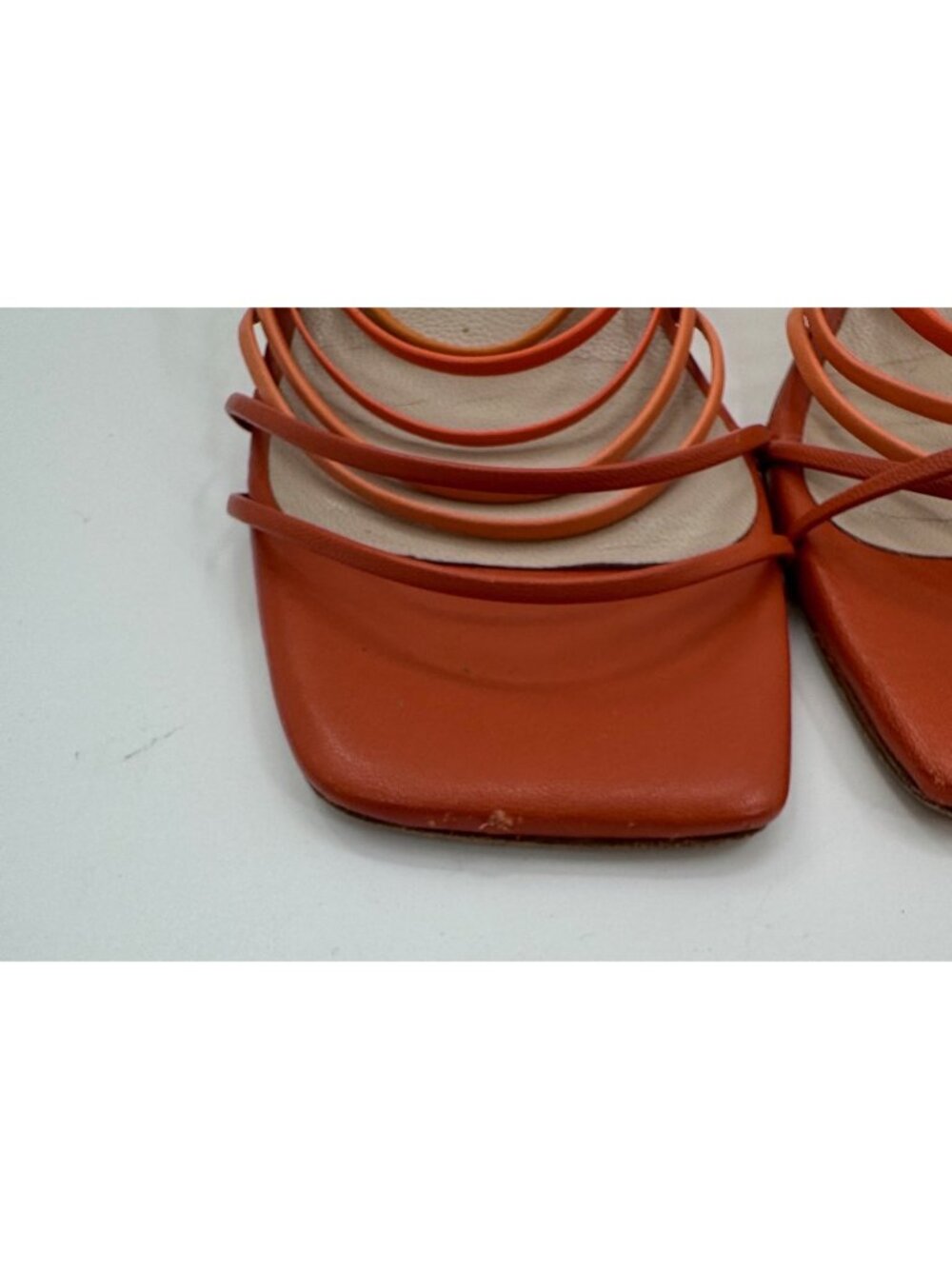 Rejina Pyo Orange Leather Strappy Mule Sandals Clear Lucite Block Heels Size 8 / - Picture 5 of 16